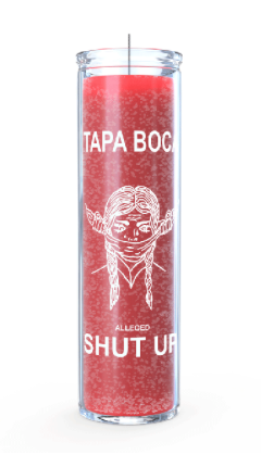 Candle with text and graphic design on a white background