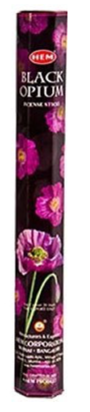 Hem Black Opium incense stick packaging with purple flowers on a black background