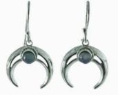Pair of silver earrings with black stones on a white background