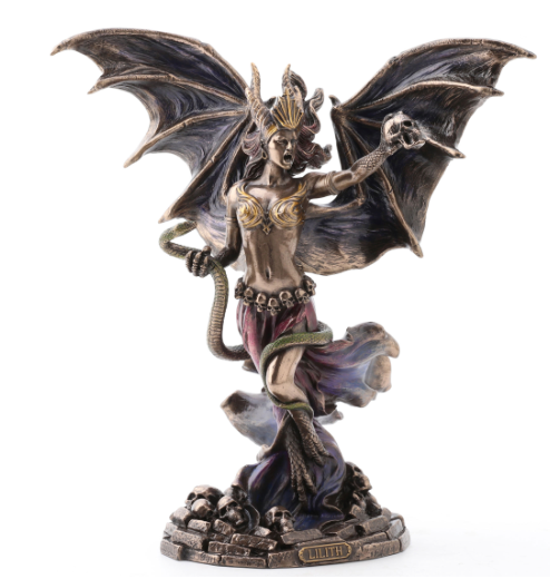 Statue of a fantasy creature with bat-like wings and snake tail on a white background