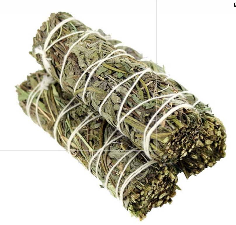 Three bundles of dried mugwort herbs tied with white string, photographed on a plain white background.
