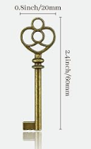 A vintage-style metal key shown on a plain light background with measurement annotations indicating 1.2 inch (30 mm) height and 0.