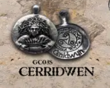 Two silver-toned engraved pendants or charms displayed against a textured beige background, with the text 'GCOSS CERRIDWEN' below.