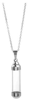 A silver pendant necklace featuring a clear glass cylinder vial with a silver cap and bail, suspended from a delicate silver chain.