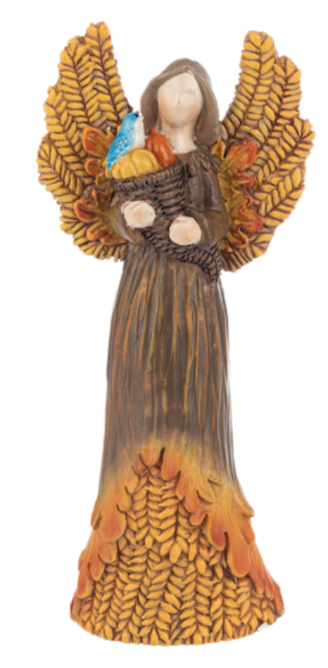 Decorative angel figurine with autumn-themed wings and dress on a white background