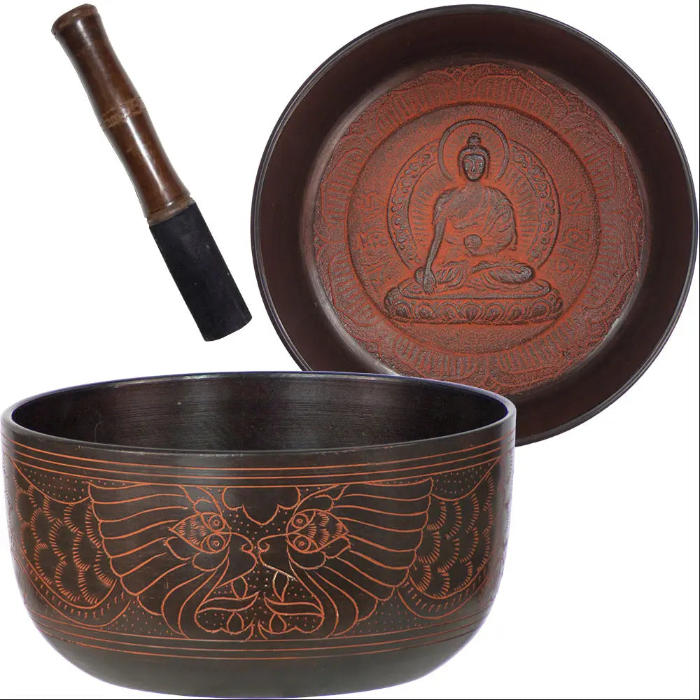 Singing Bowl, black and brown with Medecine Buddha