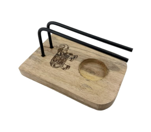 Wooden tray with black metal handle on a white background