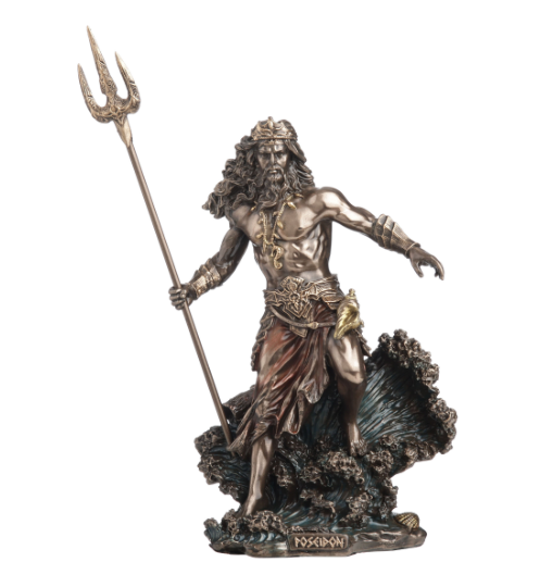 Statue of a mythological figure holding a trident on a white background