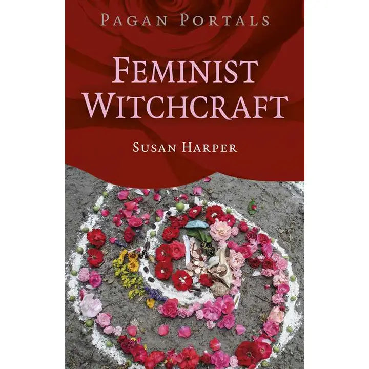Book cover of 'Feminist Witchcraft' by Susan Harper with a floral design and red background.