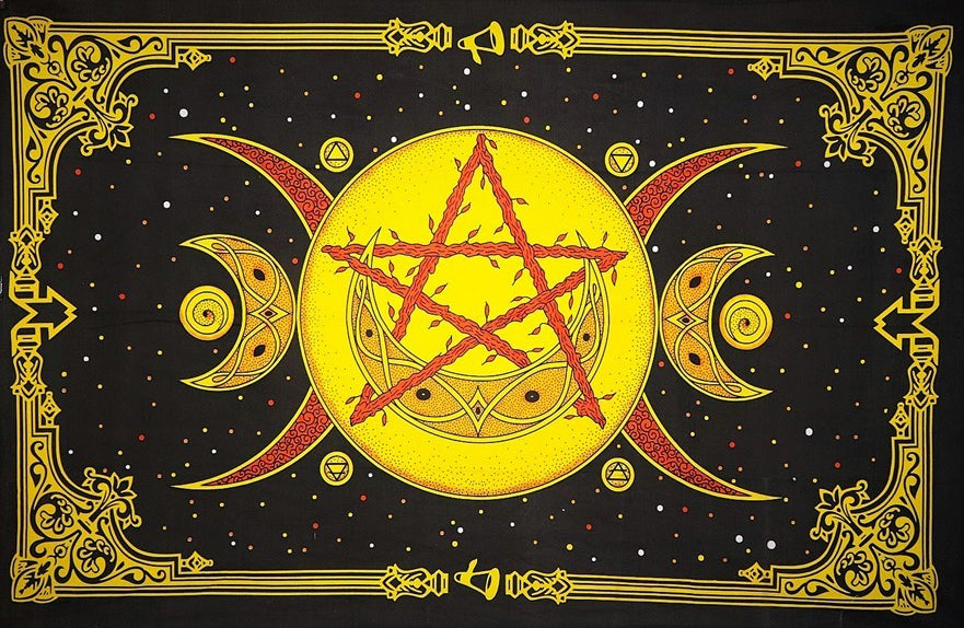 A black tapestry or wall hanging featuring a large central yellow circle with a red pentagram, surrounded by red crescent shapes, gold celestial motifs, and an ornate gold border on a black background.