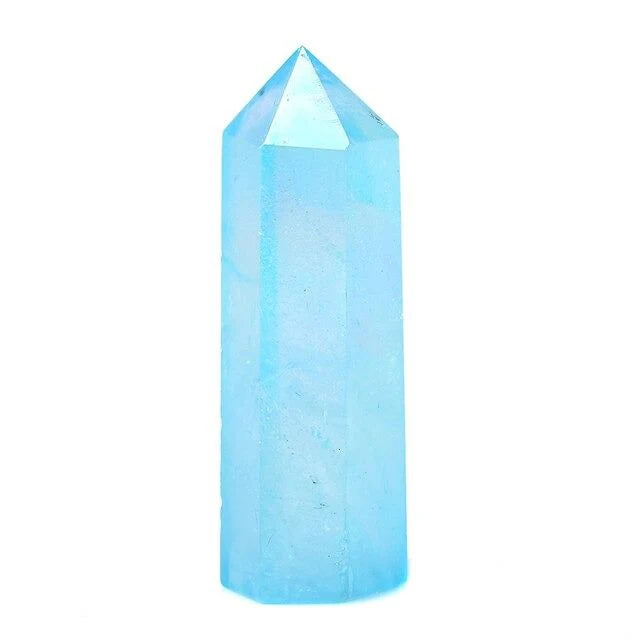 A light blue pointed crystal tower or gemstone column, photographed upright against a plain white background.
