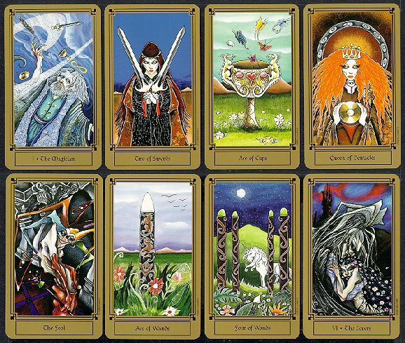 Set of tarot cards with various illustrations and text