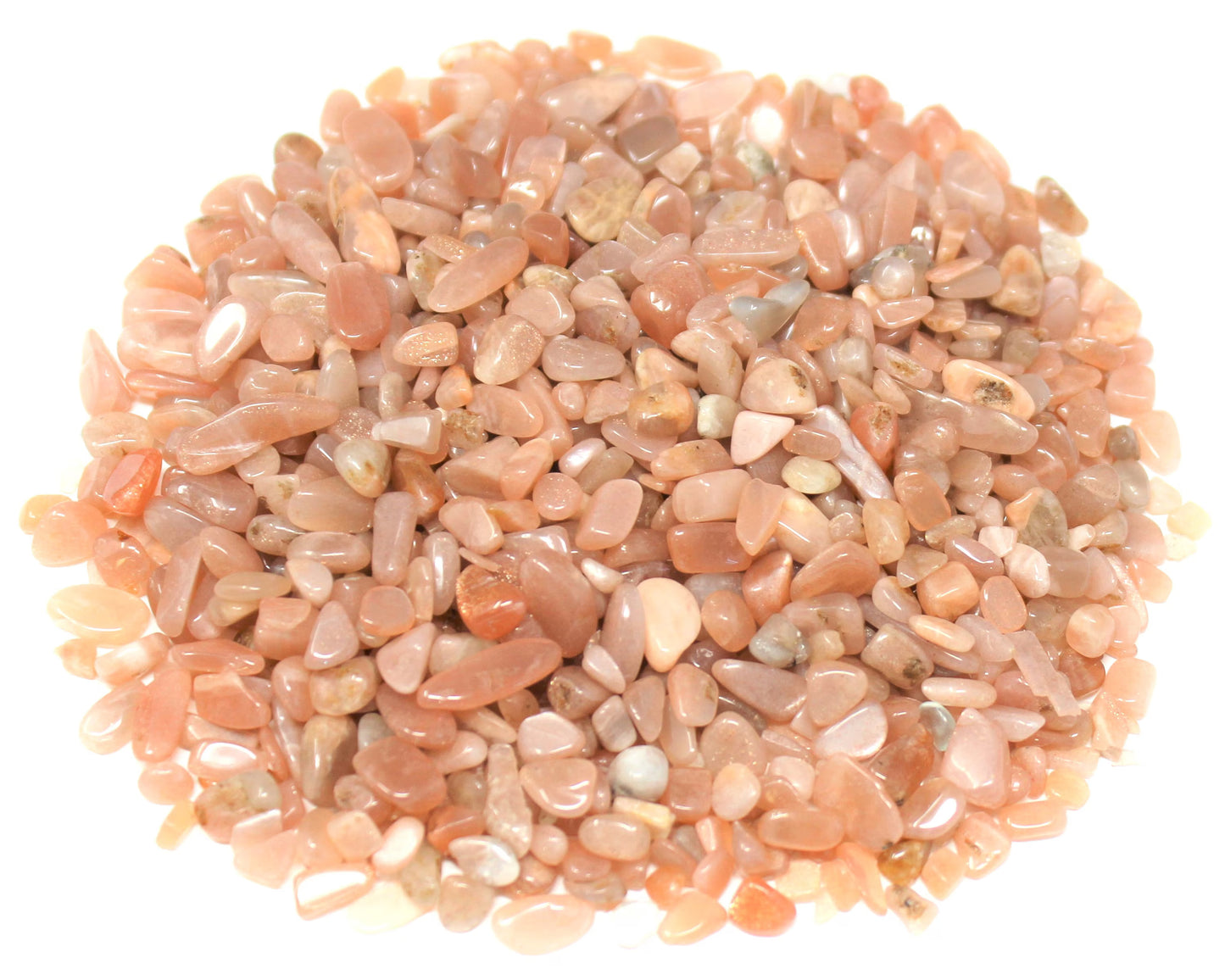 Pile of small stones with a pinkish-orange hue on a white background