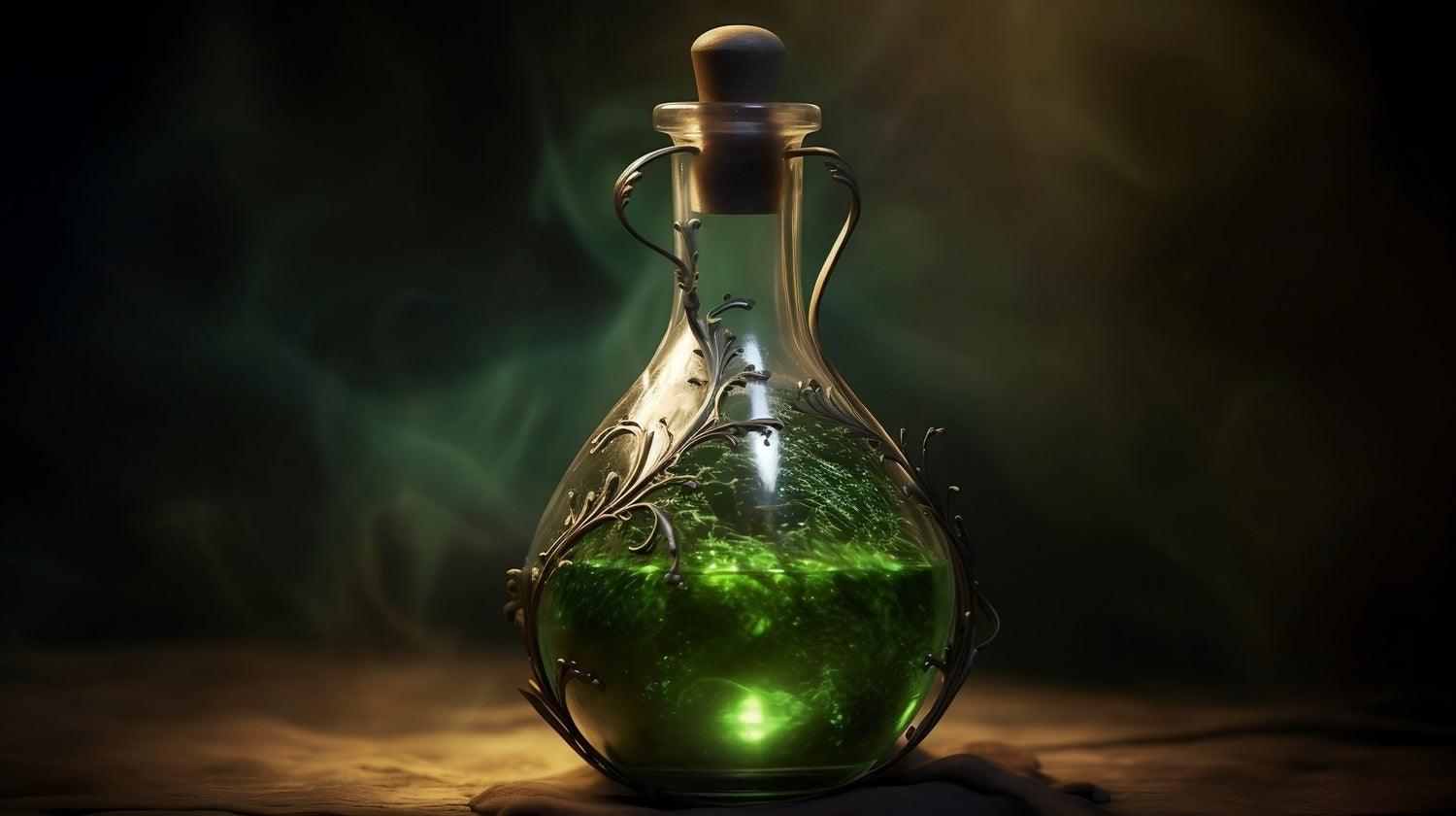 Bottle with green liquid inside and green smoke outside with metal filigree
