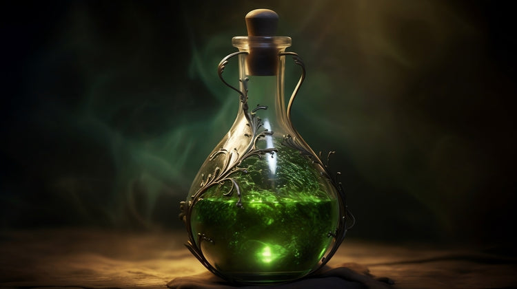 Bottle with green liquid inside and green smoke outside with metal filigree