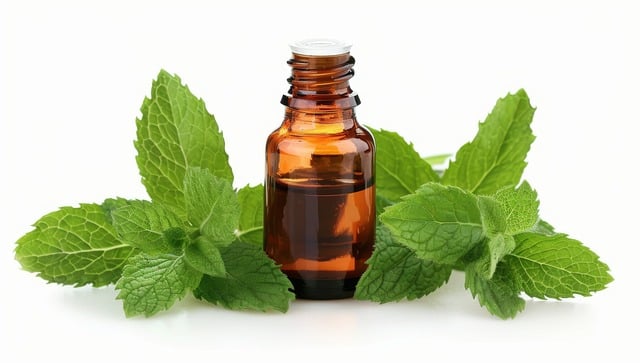 Essential Oil bottle with peppermint foliage