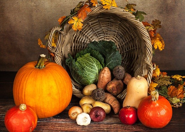 Harvest basket with vegetables and orange pumpkins
