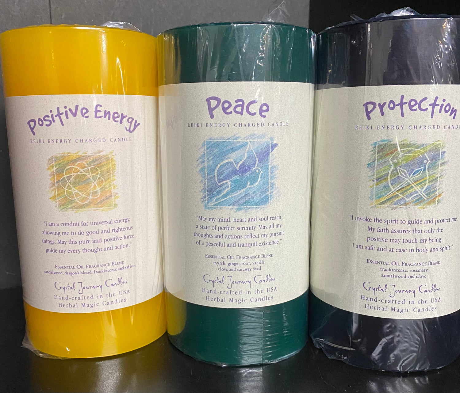 3 x 6 inch candles Positive Energy, Peace, Protection, Yellow, Green, Black