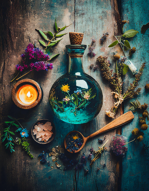 Blue bottle with a candle and herbs around and inside and a spoon on a wooden background