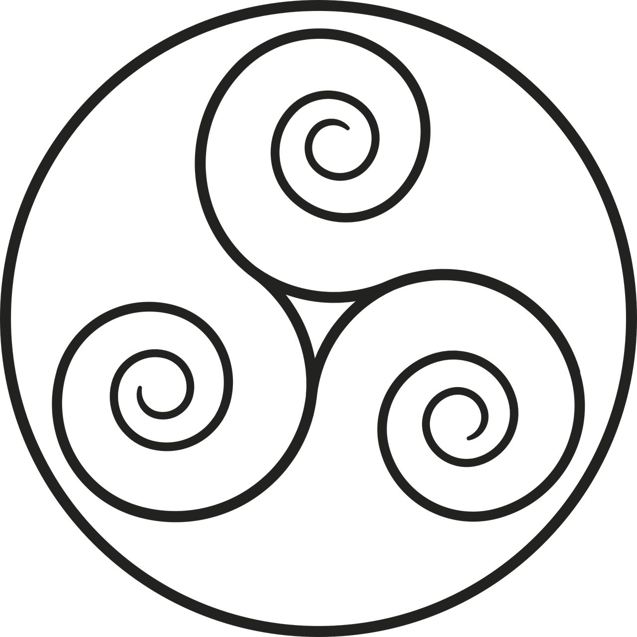 A black circular triskelion-style symbol with three spiral motifs inside a white square background.