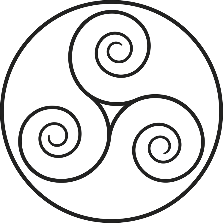 A black circular triskelion-style symbol with three spiral motifs inside a white square background.