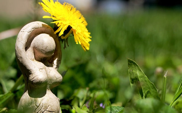 Goddess Statue with Dandelion and grass