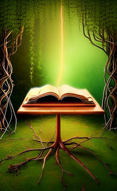 Book on a stand with light coming out