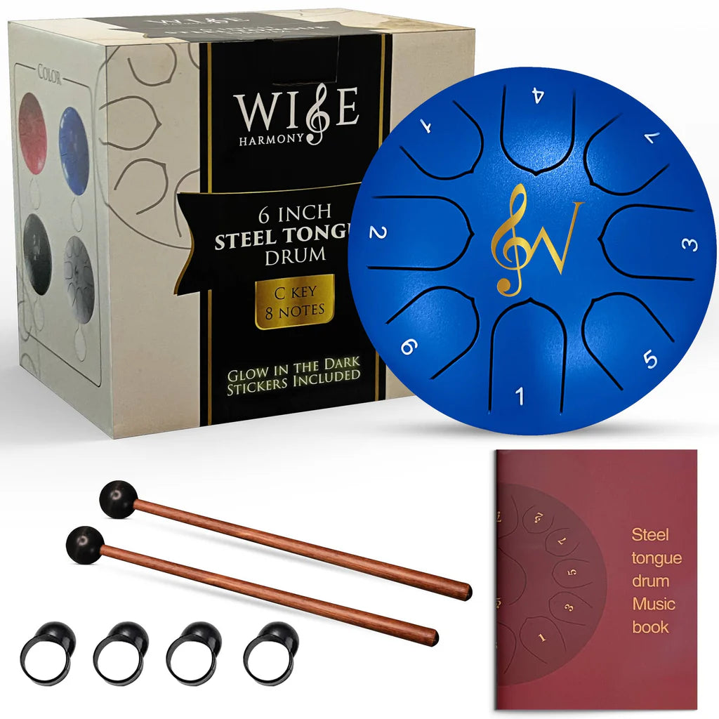 blue drum with mallets, book, and box