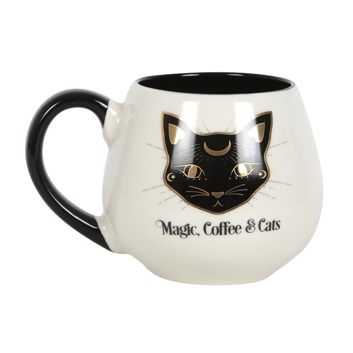mug with a black cat design and 'Magic, Coffee & Cats' text on a white background