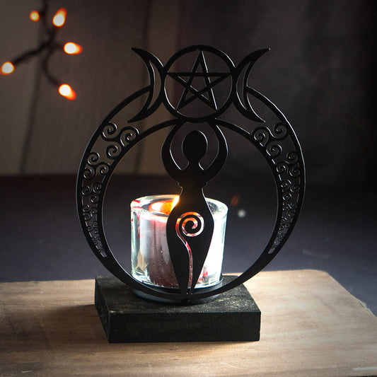 goddess votive candle holder lite up.