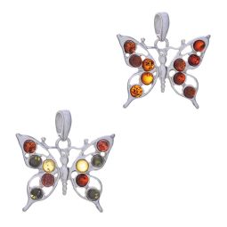 Butterfly-shaped pendants with colorful stones on a white background