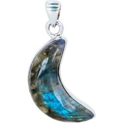 Crescent-shaped labradorite pendant on a white background