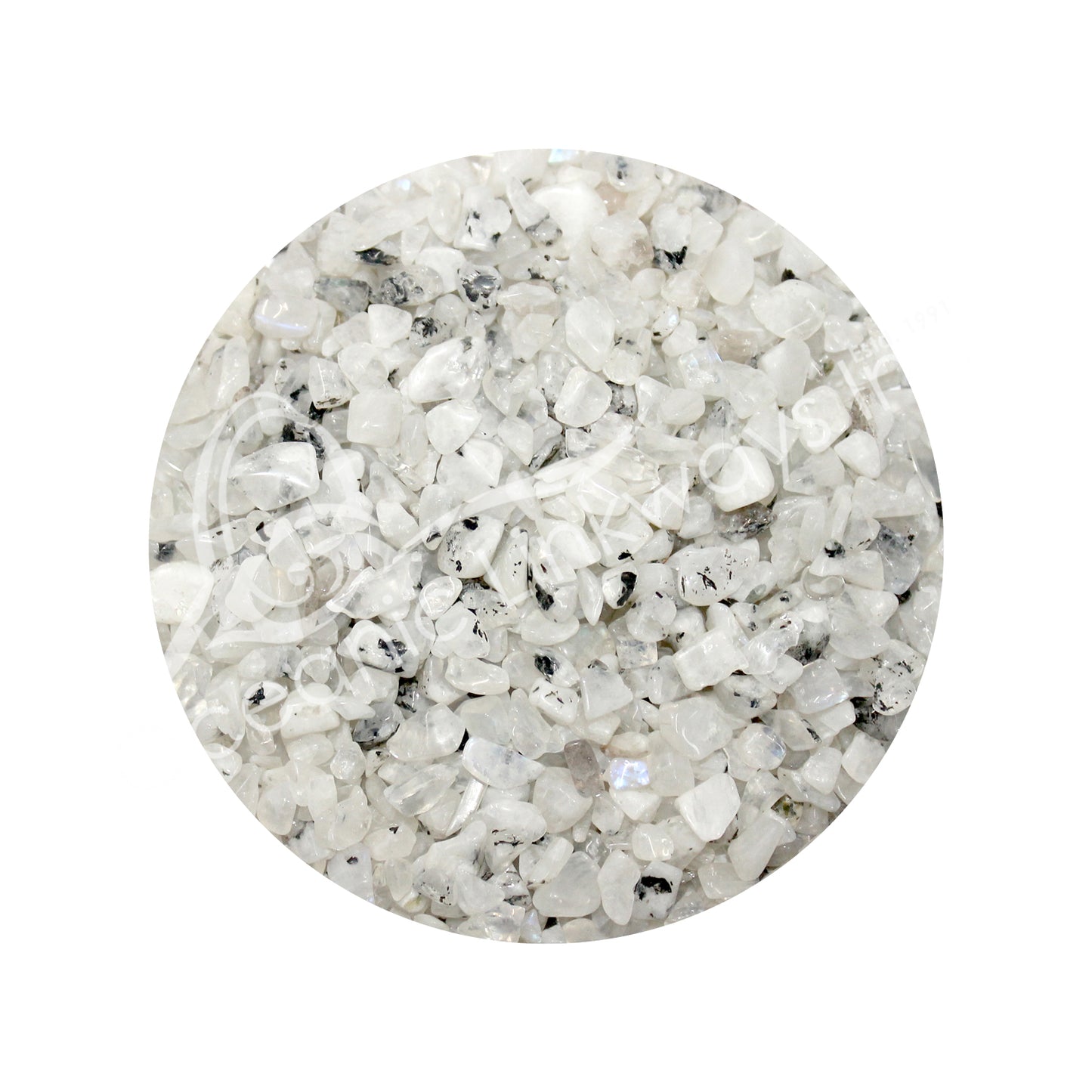Round sample of white and gray rainbow flash stones on a white background