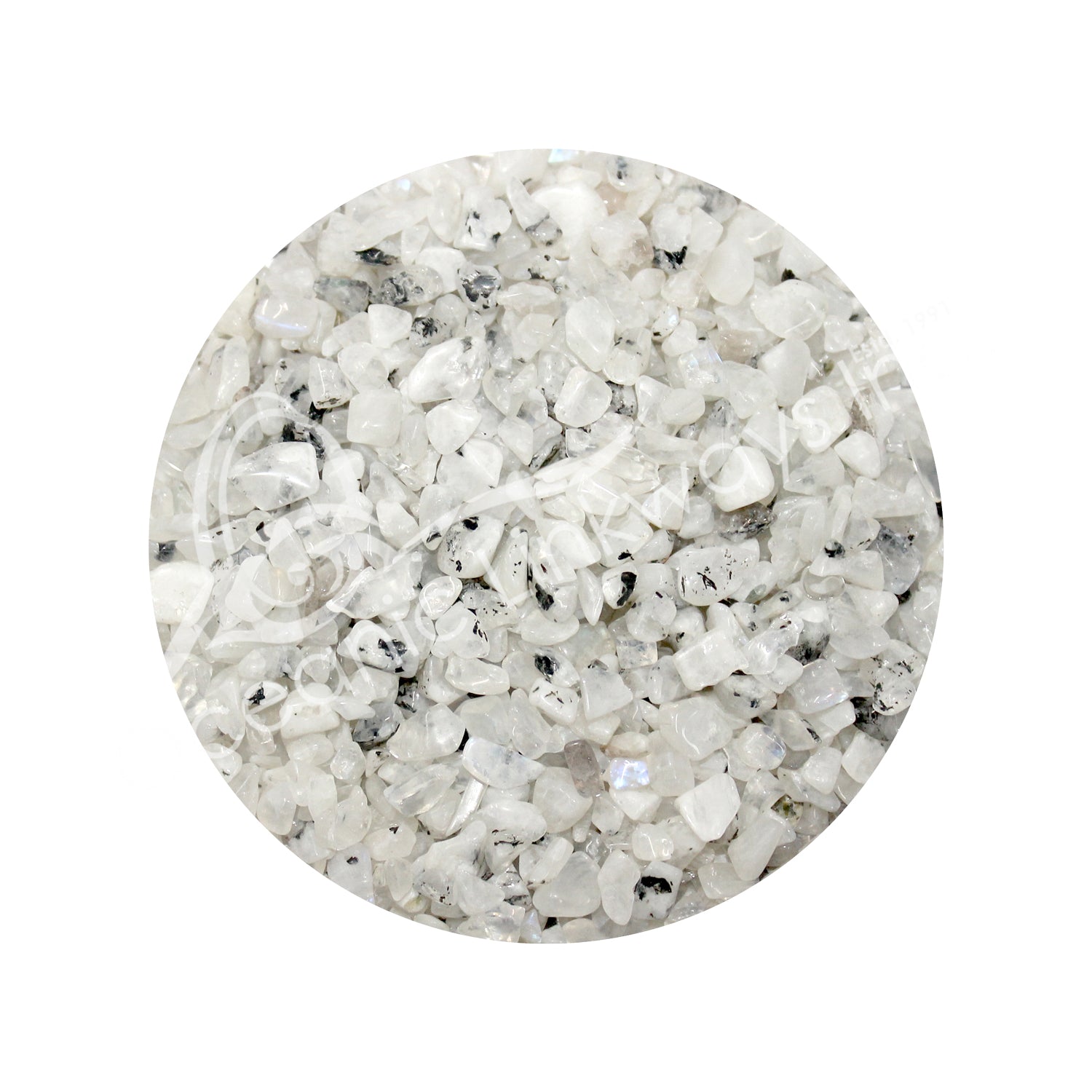 Round sample of white and gray rainbow flash stones on a white background