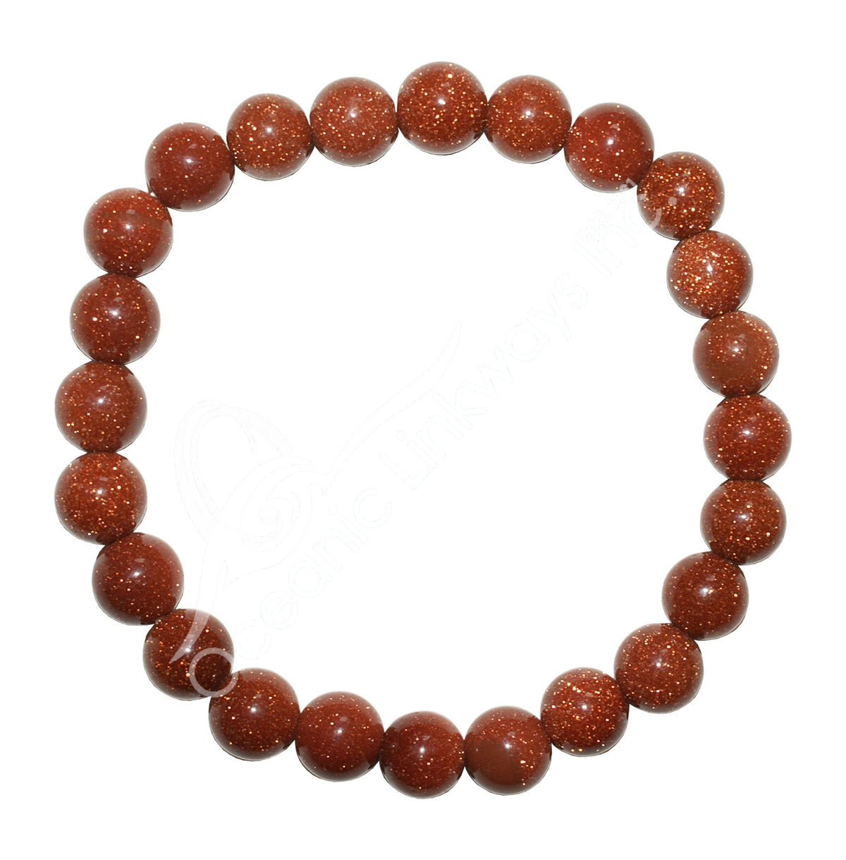 A beaded stretch bracelet made of polished reddish-brown round beads filled with fine gold glitter, displayed on a clean white background.