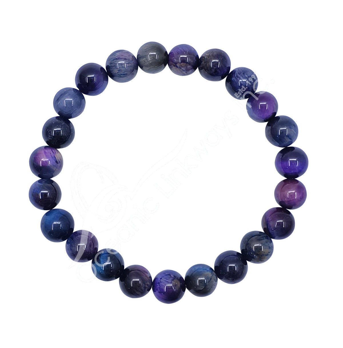 A beaded stretch bracelet made of polished round gemstone beads in shades of deep blue, purple, and navy with natural marbling, displayed on a clean white background.