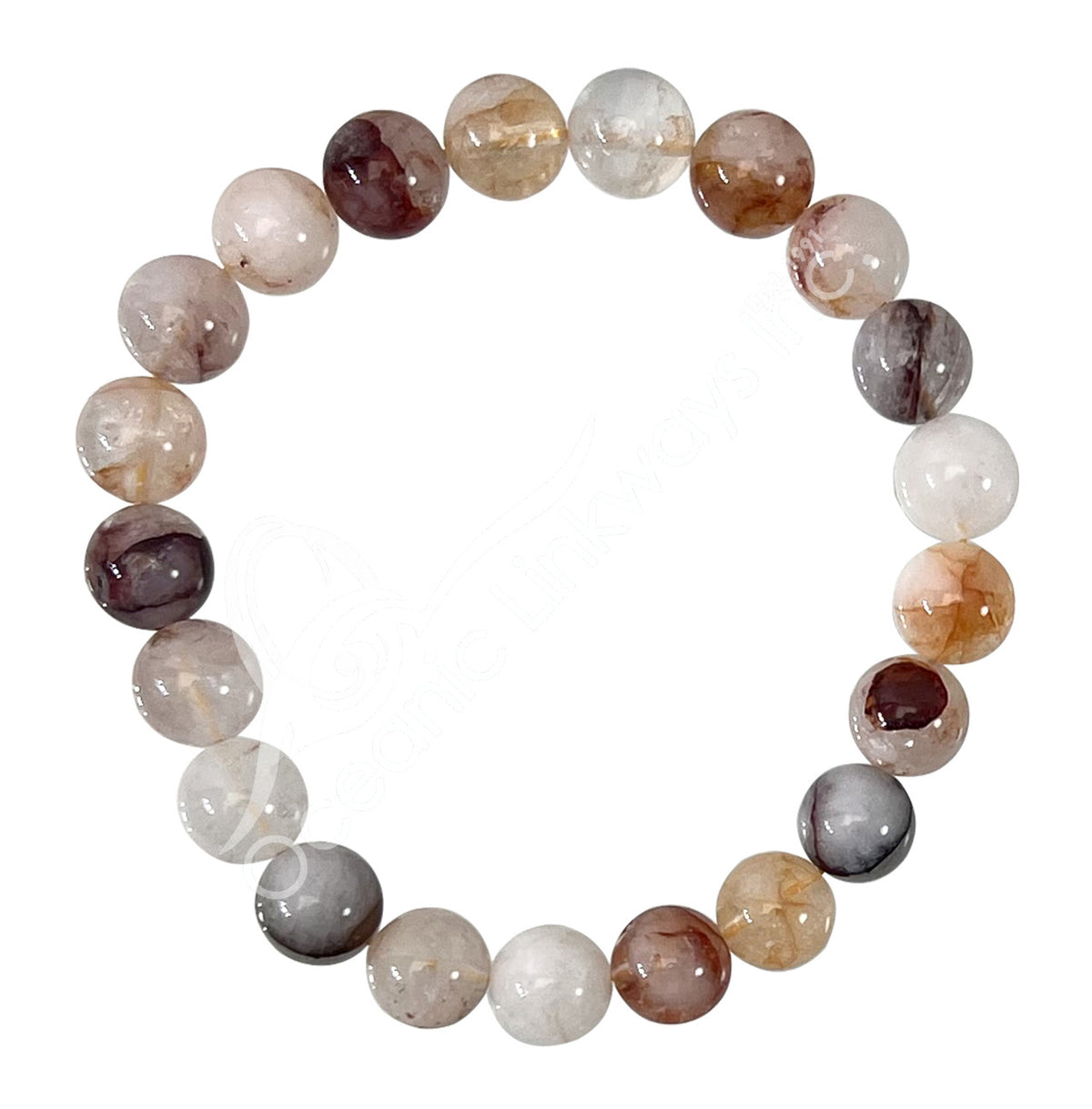 A beaded stretch bracelet made of polished round gemstone beads in various natural colors including brown, white, gray, and purple, arranged in a circle on a white background.