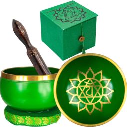 Green and gold heart chakra singing bol with box and mallet