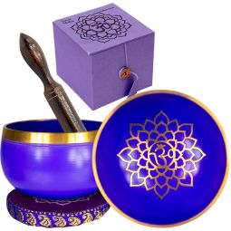Purple and gold Crown chakra singing bowl with box and mallet