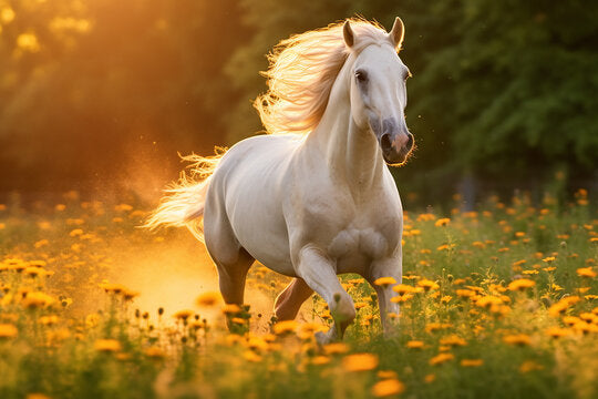 White horse running through a field of yellow flowers with a blurred background