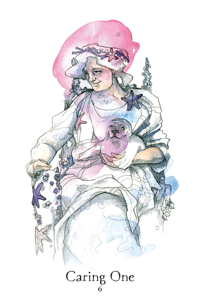 Artistic depiction of a person with a pink hat and starfish, labeled 'Caring One'.