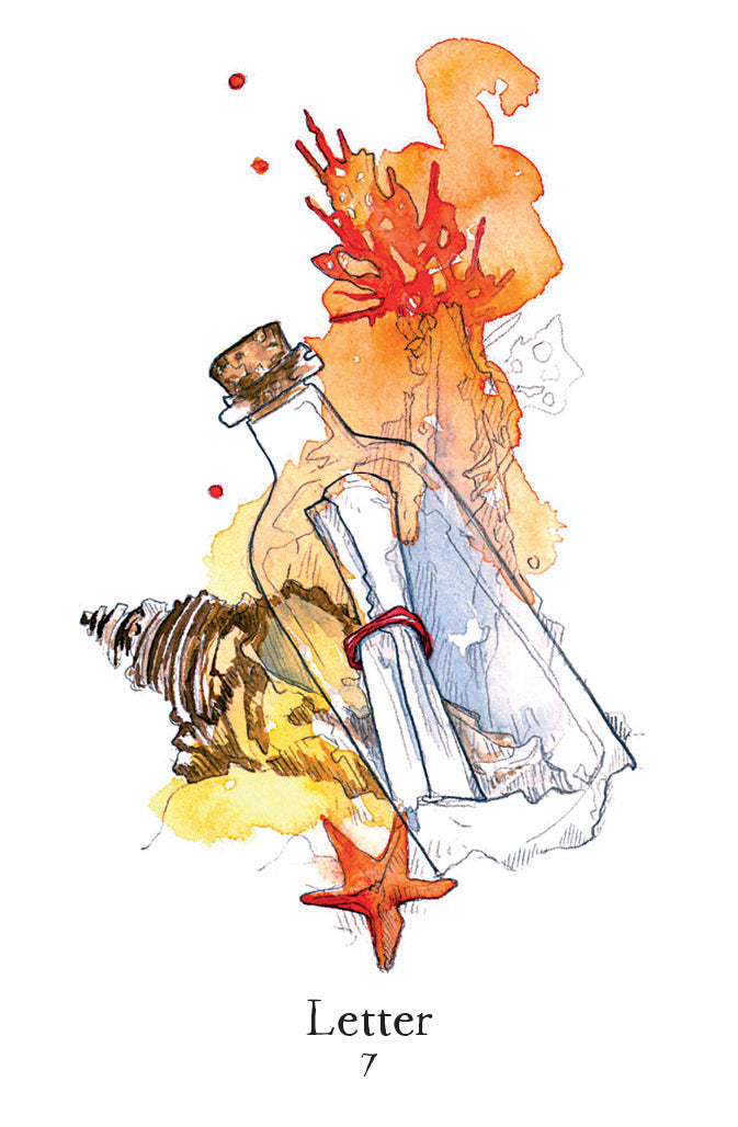 Artistic depiction of a bottle with a letter, surrounded by seashells and starfish on a white background.