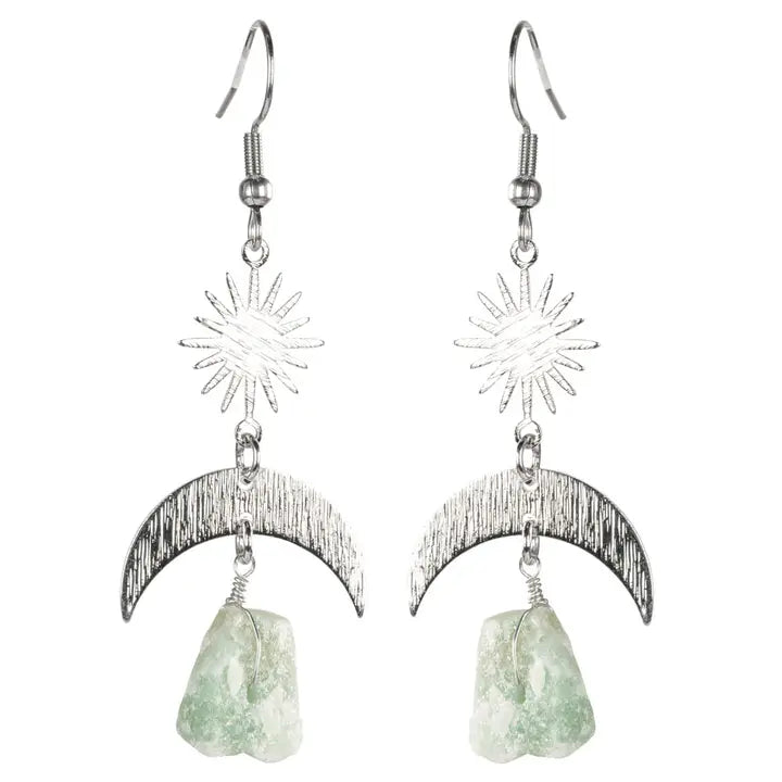 Silver earrings with star and moon designs and green stones on a white background