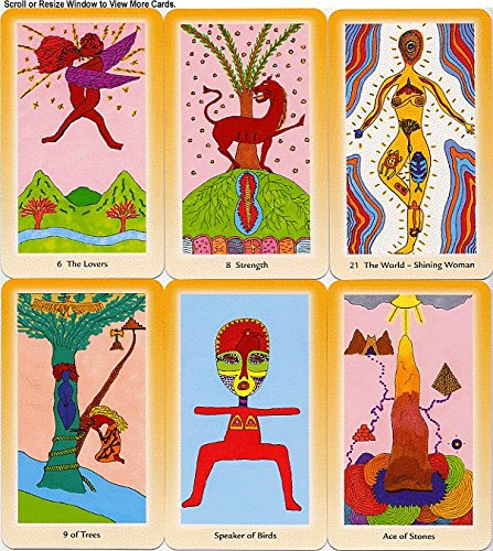 Set of tarot cards with colorful illustrations and text