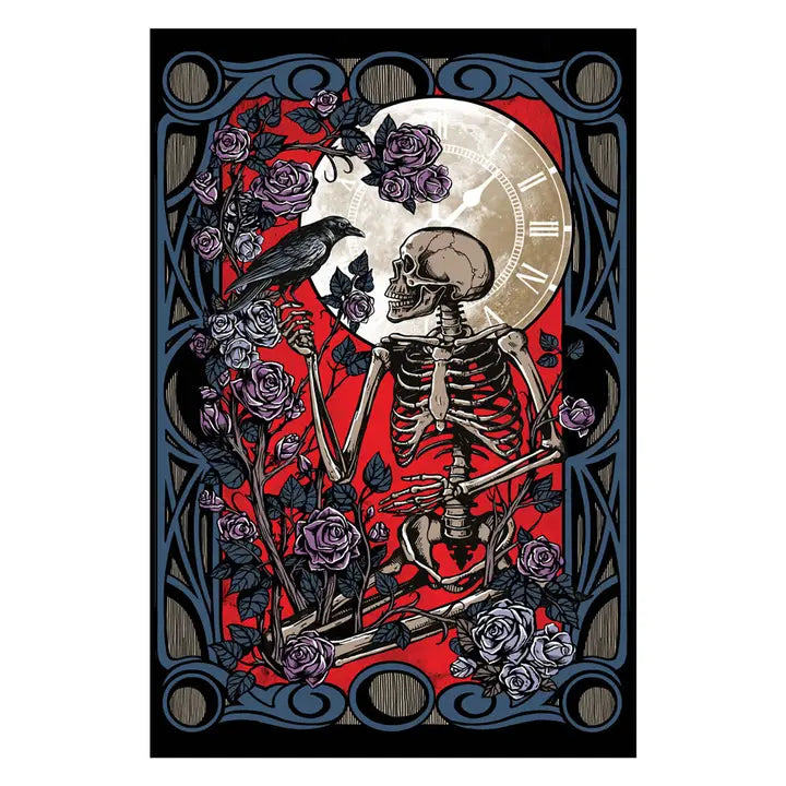 Skeletal design with a moon, roses, and a crow on a red background