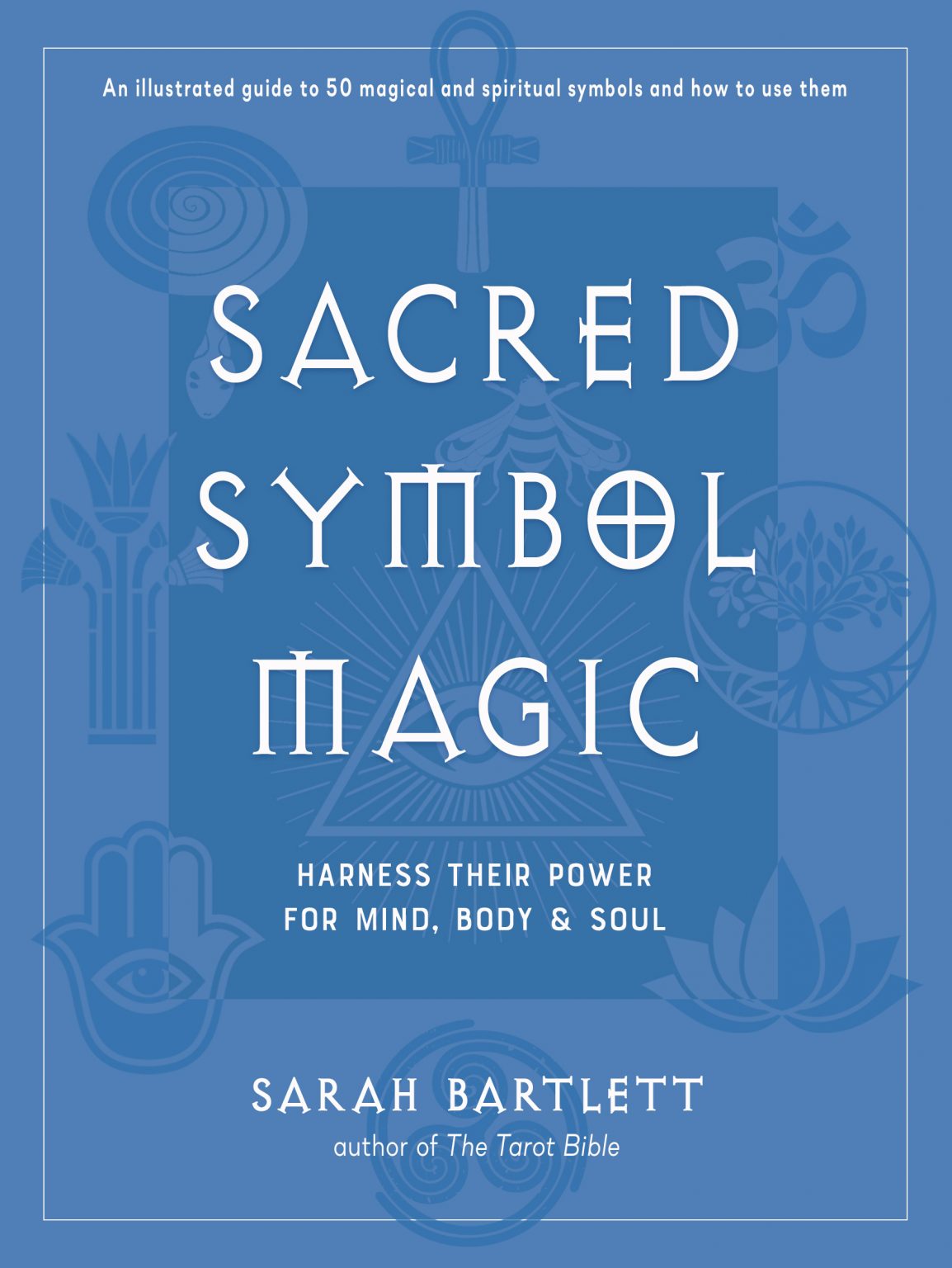 blue and white book cover with faint symbols in background