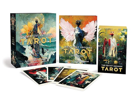Tarot card set with colorful artwork and 'The Artist Decoded Tarot' branding.