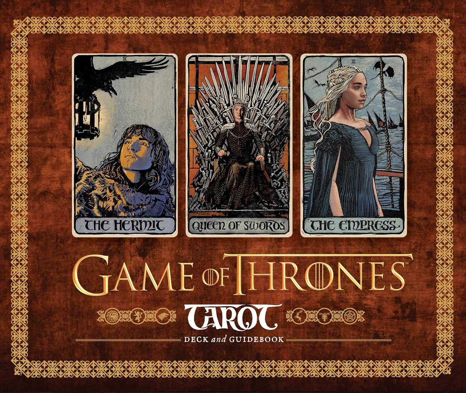 Game of Thrones tarot card set with three cards displayed on a brown background.