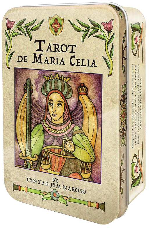 Tarot de Maria Celia packaging with a stylized illustration of a woman holding a sword and shield.