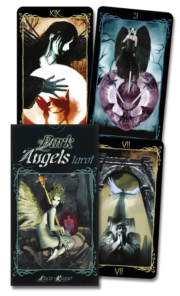 Dark Angels tarot cards with artistic illustrations of angels and a black card holder.